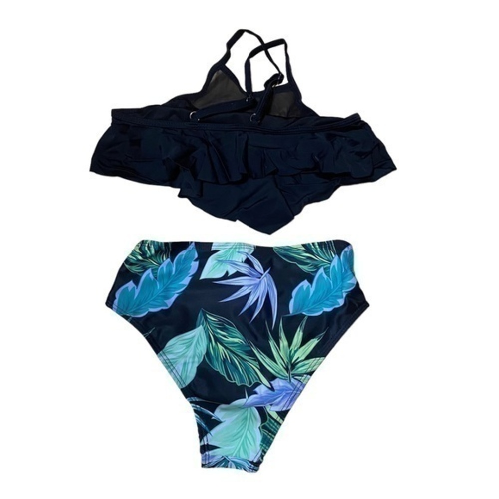Black Leaves Tummy Control Two Piece Swimsuit - Size Unknown NWOT